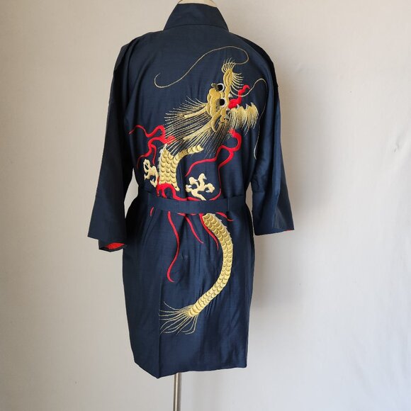 Japanese Dragon Embroidered Silk Kimono Robe Belt Blue Men's Made in Japan - Picture 3 of 12